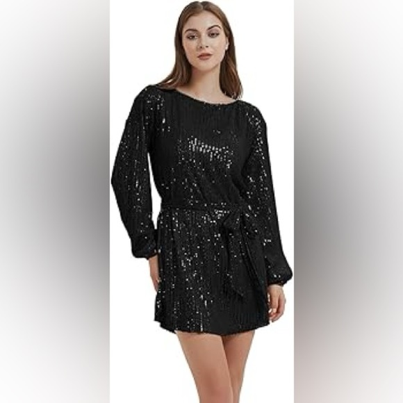 Anna-Kaci Dresses & Skirts - NWT Anna-Kaci Black Sequin Belted Crew Neck Long Sleeve Mini Party Dress XL